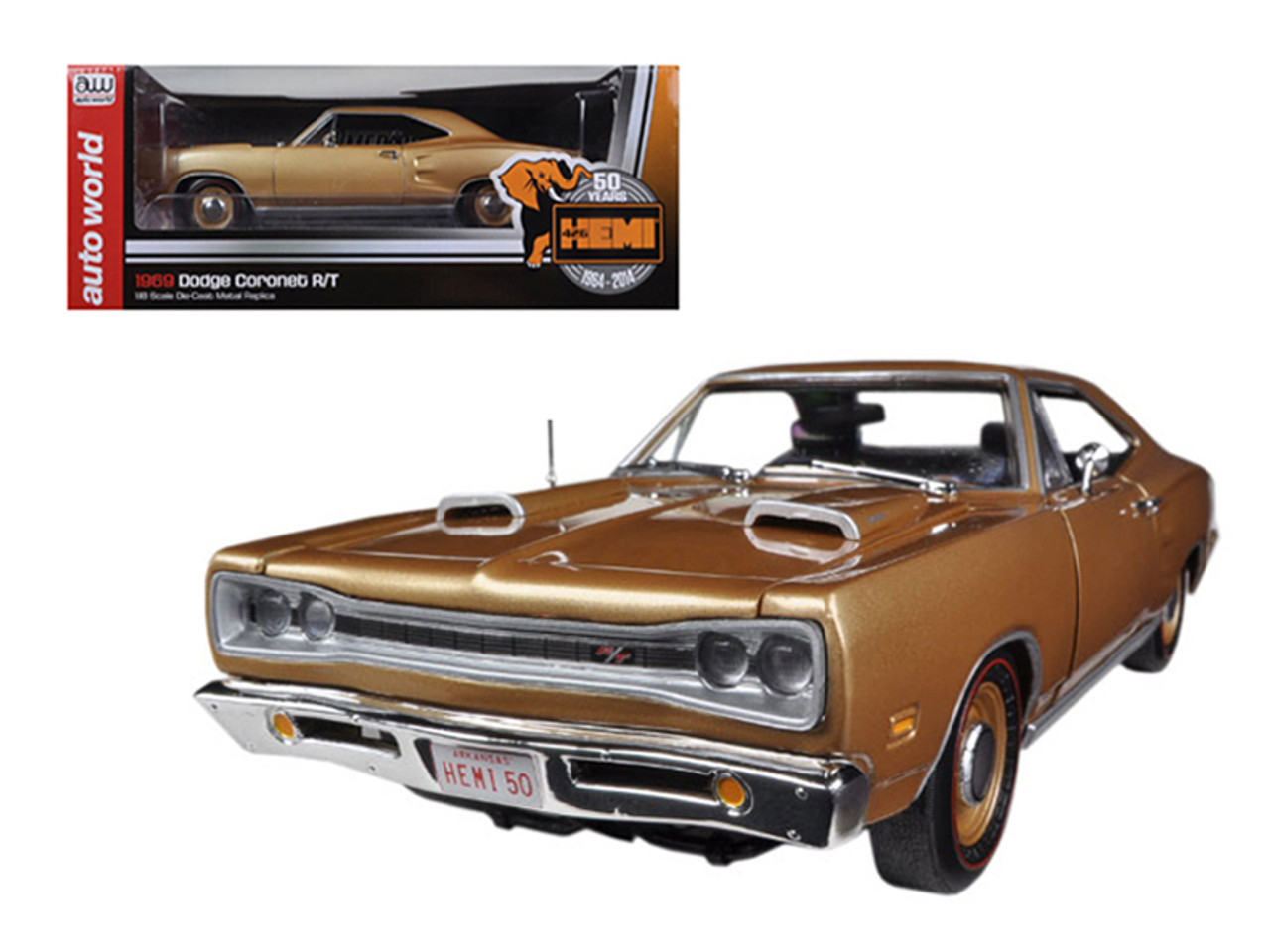 1/18 Auto World 1969 Dodge Coronet R/T Light Bronze Poly HEMI 50th  Anniversary Limited Diecast Car Model