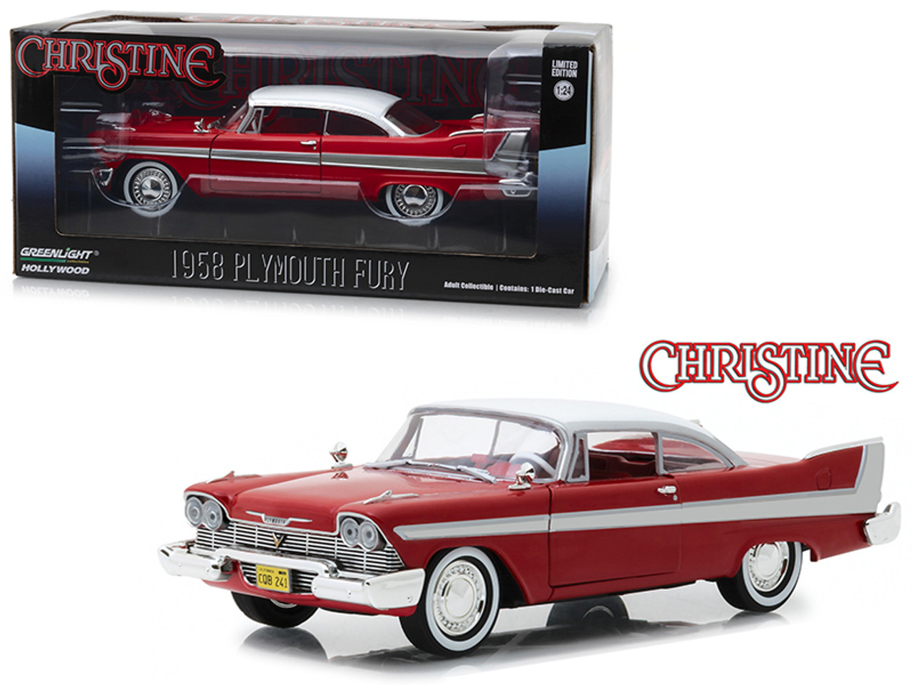 1/24 Greenlight 1958 Plymouth Fury Red with White Top "Christine" (1983) Movie Diecast Car Model