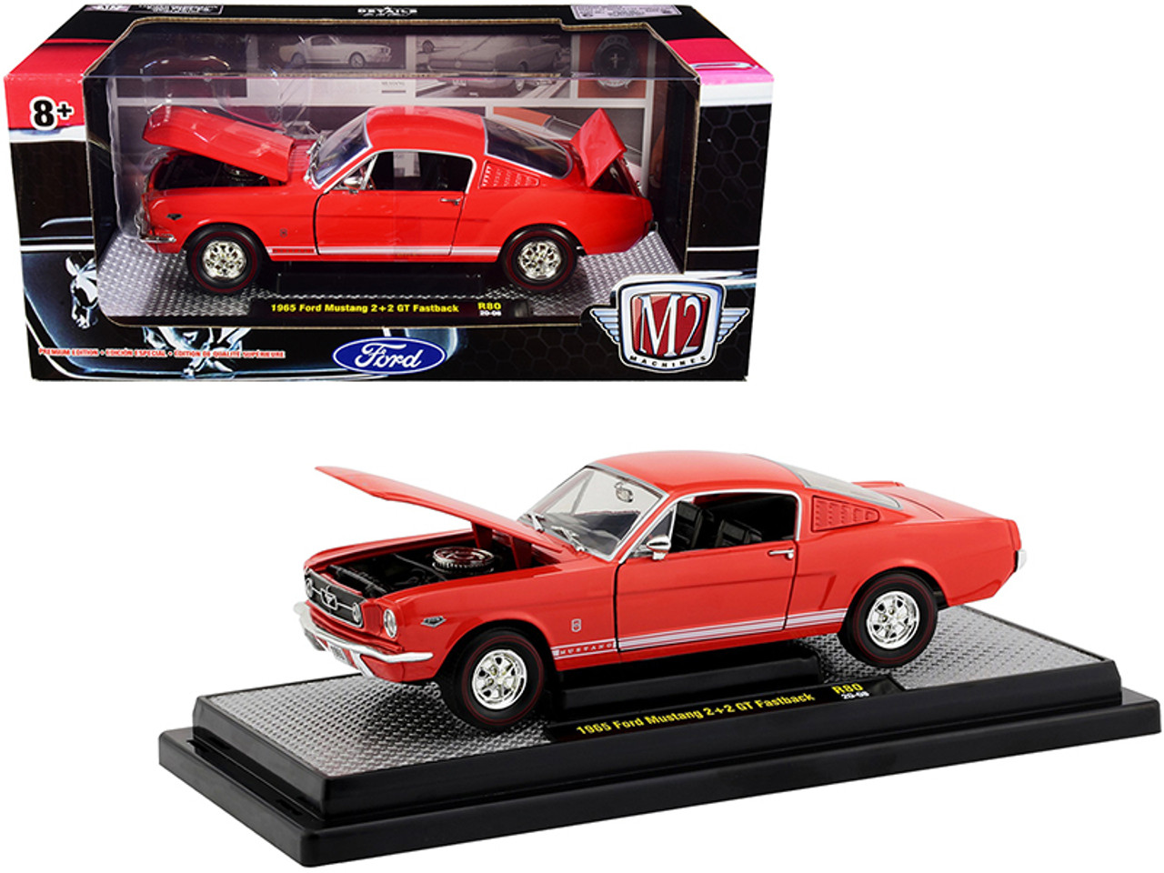 1965 Ford Mustang 2+2 GT Fastback Rangoon Red with White Stripes Limited Edition to 7000 pieces Worldwide 1/24 Diecast Model Car by M2 Machines