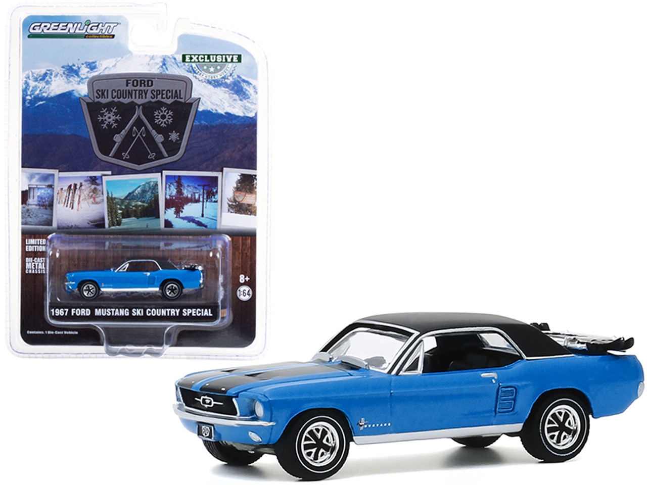 1967 Ford Mustang Vail Blue with Black Stripes and Top and a Pair of Skis "Ski Country Special" "Hobby Exclusive" 1/64 Diecast Model Car by Greenlight