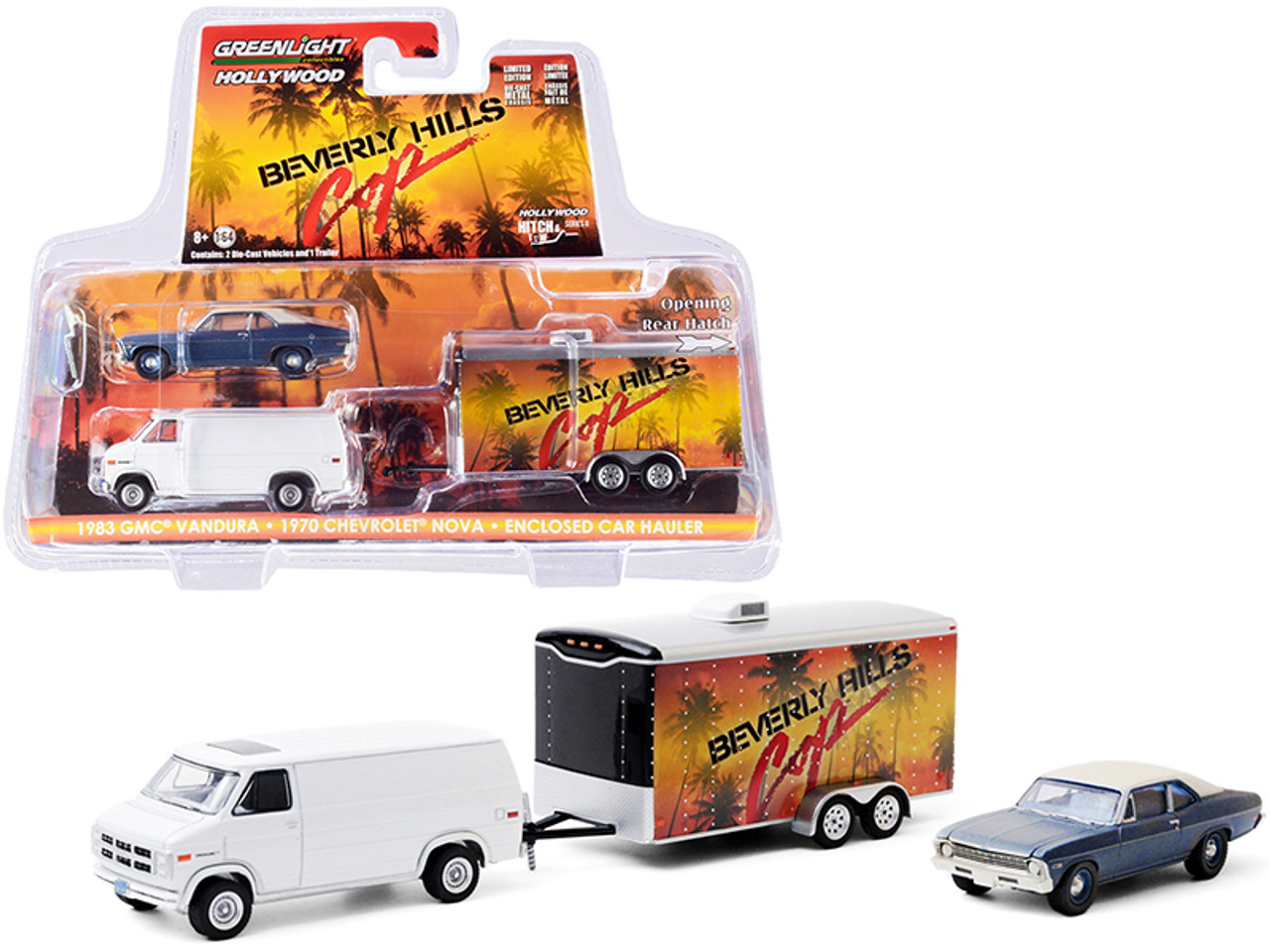 1983 GMC Vandura Van White with 1970 Chevrolet Nova Blue with Cream Top (Unrestored) and Enclosed Car Hauler "Beverly Hills Cop" (1984) Movie "Hollywood Hitch and Tow" Series 8 1/64 Diecast Model Cars by Greenlight