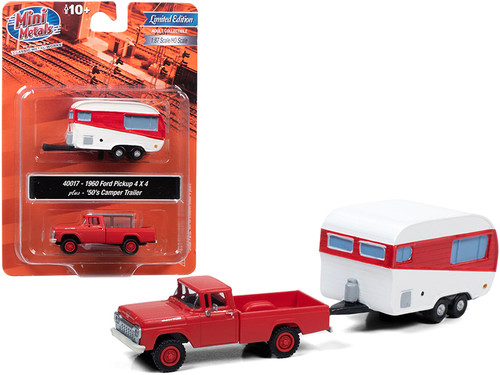1960 Ford 4x4 Pickup Truck and 1950's Camper Travel Trailer Monte Carlo Red 1/87 (HO) Scale Model Car by Classic Metal Works