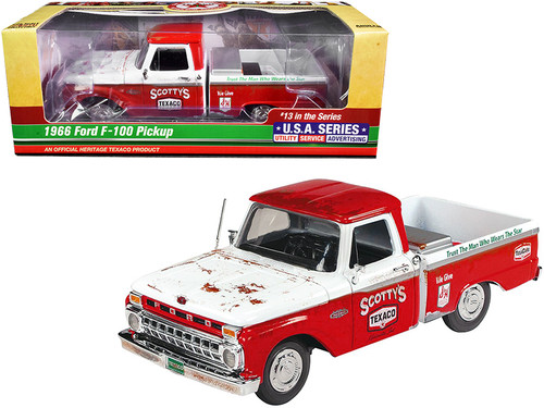 1966 Ford F-100 Pickup Truck "Texaco" Red and White (Unrestored) 13th in the "U.S.A. Series" 1/25 Diecast Model Car by Autoworld