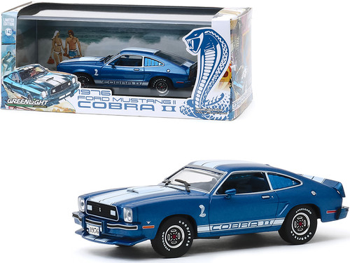 1976 Ford Mustang II Cobra II Blue Metallic with White Stripes 1/43 Diecast Model Car by Greenlight