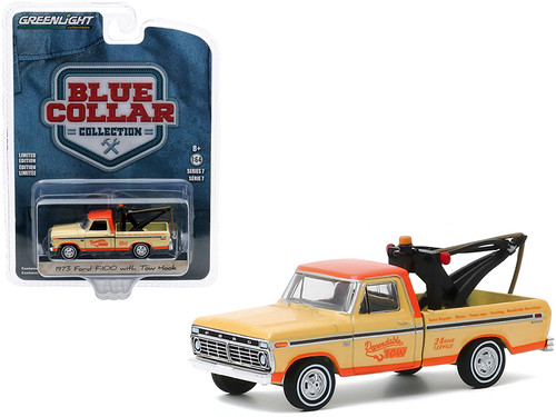 1973 Ford F-100 Tow Truck with Tow Hook "Dependable Tow" Yellow and Orange "Blue Collar Collection" Series 7 1/64 Diecast Model Car by Greenlight