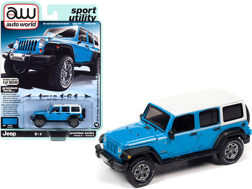 2018 Jeep Wrangler JK Unlimited Sport Chief Blue with White Top and White Stripes "Sport Utility" Limited Edition to 10240 pieces Worldwide 1/64 Diecast Model Car by Autoworld