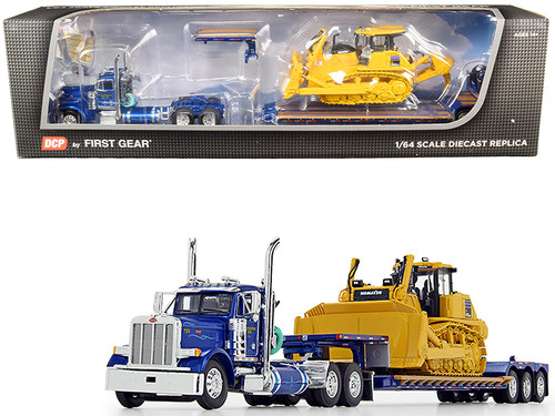 Peterbilt 379 Day Cab Tractor Truck "Western Distributing Trans. Corp." with Fontaine Renegade Extendable Lowboy with Flip Axle Blue Metallic and Komatsu D155AX-8 Sigmadozer with Ripper Set of 2 pieces 1/64 Diecast Models by DCP/First Gear