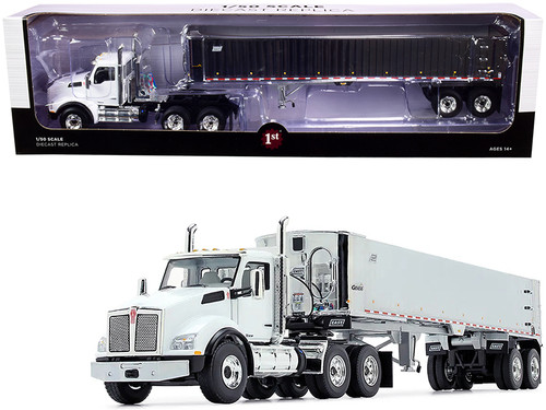 Kenworth T880 Day Cab with East Genesis End Dump Trailer White and Chrome 1/50 Diecast Model by First Gear