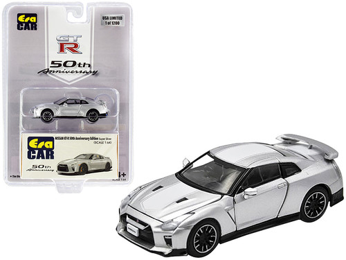Nissan GT-R RHD (Right Hand Drive) Super Silver with White Stripe "50th Anniversary Edition" Limited Edition to 1200 pieces 1/64 Diecast Model Car by Era Car