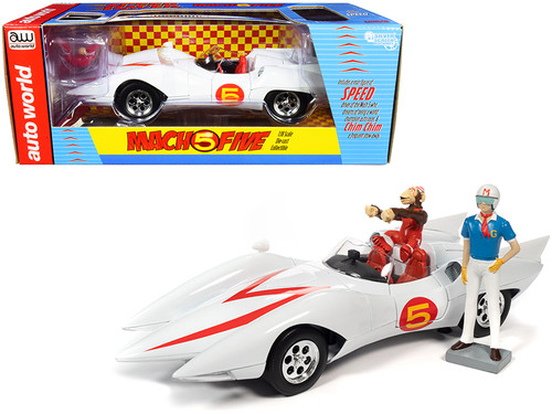 1/18 Auto World Mach 5 Five White with Chim-Chim Monkey and Speed Racer Figurines Diecast Car Model