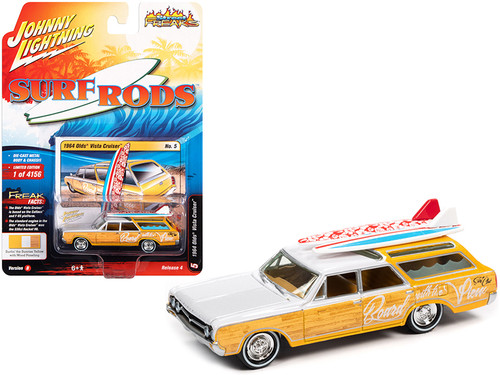 1964 Oldsmobile Vista Cruiser White and Pearl Yellow with Wood Paneling and Two Surfboards "Surf Rods" Limited Edition to 4156 pieces Worldwide 1/64 Diecast Model Car by Johnny Lightning