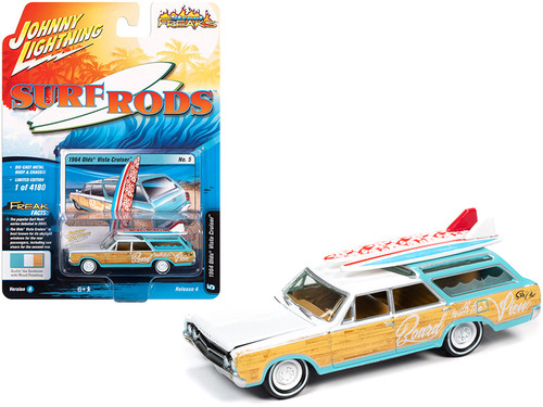 1964 Oldsmobile Vista Cruiser White and Seafoam Green with Wood Paneling and Two Surfboards "Surf Rods" Limited Edition to 4180 pieces Worldwide 1/64 Diecast Model Car by Johnny Lightning