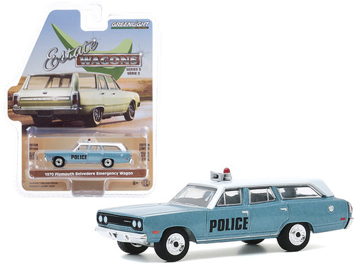1970 Plymouth Belvedere Emergency Wagon Police Pursuit Blue with White Top "Estate Wagons" Series 5 1/64 Diecast Model Car by Greenlight