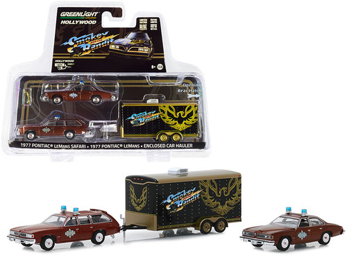 1977 Pontiac LeMans Safari with 1977 Pontiac LeMans (Sheriff Buford T. Justice's) and Enclosed Car Hauler "Smokey and the Bandit" (1977) Movie "Hollywood Hitch and Tow" Series 7 1/64 Diecast Model Cars by Greenlight