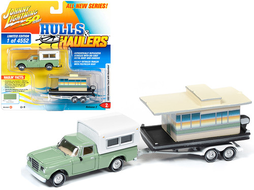1960 Studebaker Pickup Truck with Camper Shell Oasis Green with Houseboat Limited Edition to 4,552 pieces Worldwide "Hulls & Haulers" Series 2 "Johnny Lightning 50th Anniversary" 1/64 Diecast Model Car by Johnny Lightning