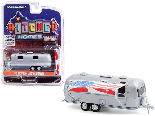 1972 Airstream Land Yacht Safari Travel Trailer Silver with American Flag Awning "Hitched Homes" Series 9 1/64 Diecast Model by Greenlight