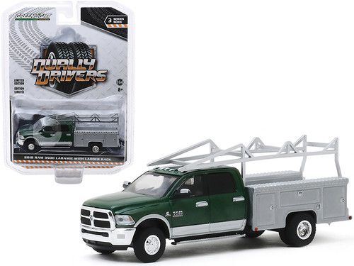 2018 RAM 3500 Laramie Dually Service Bed Truck with Ladder Rack Green Metallic and Gray Metallic "Dually Drivers" Series 3 1/64 Diecast Model Car by Greenlight