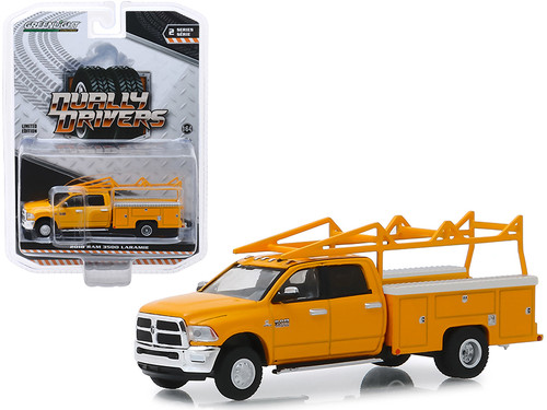 2018 RAM 3500 Laramie Service Bed Truck with Ladder Rack Yellow "Dually Drivers" Series 2 1/64 Diecast Model Car by Greenlight