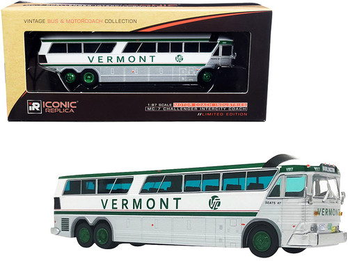 1970 MCI MC-7 Challenger Intercity Motorcoach Bus "Burlington" "Vermont Transit Lines" White and Silver with Green Stripes "Vintage Bus & Motorcoach Collection" 1/87 (HO) Diecast Model by Iconic Replicas