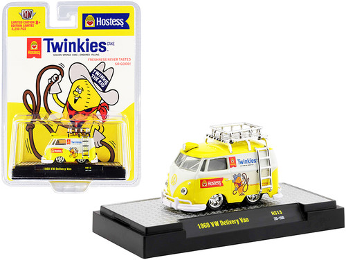 1960 Volkswagen Delivery Van with Ladder and Roof Rack White and Yellow "Twinkies" Limited Edition to 8250 pieces Worldwide 1/64 Diecast Model Car by M2 Machines