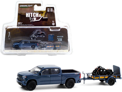 2020 Chevrolet Silverado 4X4 Pickup Truck Dark Blue Metallic with Flatbed Utility Trailer and 2020 Indian Scout Bobber Motorcycle "Hitch & Tow" Series 21 1/64 Diecast Model Car by Greenlight