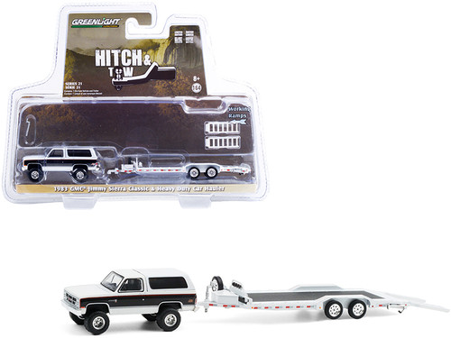 1983 GMC Jimmy Sierra Classic Pearl White and Black with Heavy Duty Flatbed Car Hauler "Hitch & Tow" Series 21 1/64 Diecast Model Car by Greenlight