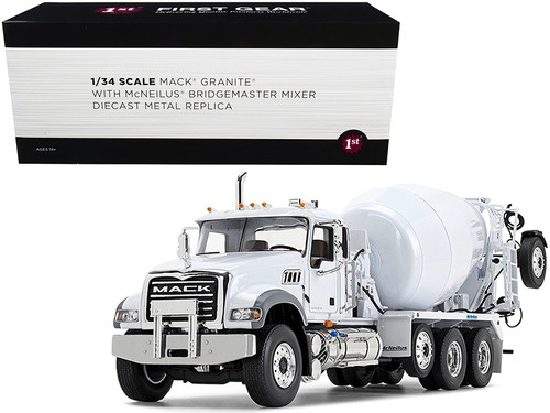 Mack Granite MP with McNeilus Bridgemaster Mixer with Pusher Axle White 1/34 Diecast Model by First Gear