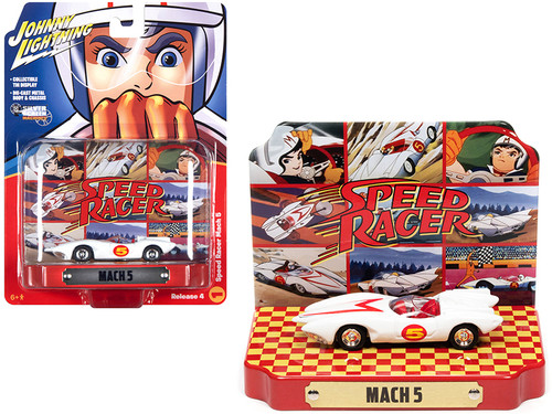 Speed Racer Mach 5 Five White with Collectible Tin Display "Speed Racer" 1/64 Diecast Model Car by Johnny Lightning