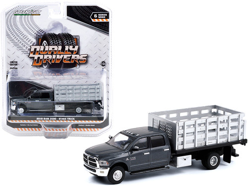 2018 Ram 3500 Dually Stake Truck Granite Crystal Gray Metallic Clearcoat "Dually Drivers" Series 6 1/64 Diecast Model Car by Greenlight