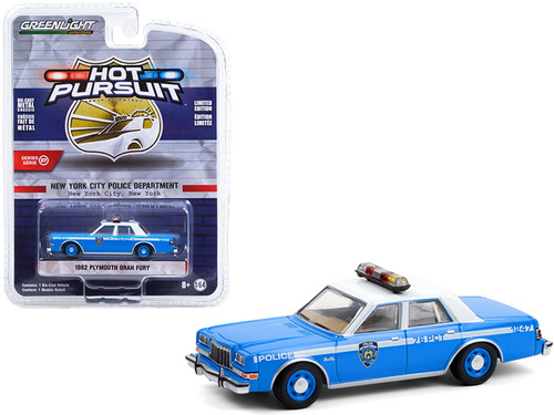 1982 Plymouth Gran Fury Light Blue with White Top "NYPD" (New York City Police Department) "Hot Pursuit" Series 37 1/64 Diecast Model Car by Greenlight