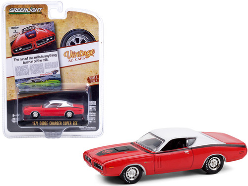 1971 Dodge Charger "Super Bee" Red with Black Stripes and White Top "The Run Of The Mills Is Anything But Run Of The Mill" "Vintage Ad Cars" Series 4 1/64 Diecast Model Car by Greenlight
