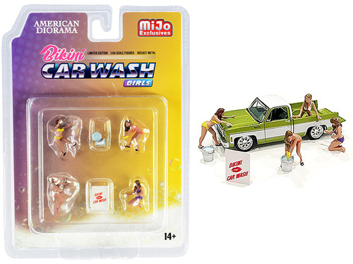 "Bikini Car Wash Girls" Diecast Set of 7 pieces (4 Figurines and 3 Accessories) for 1/64 Scale Models by American Diorama