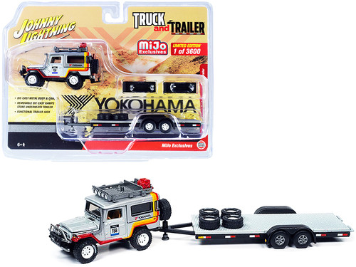 1980 Toyota Land Cruiser #158 Silver with Stripes and Flatbed Car Trailer "Yokohama" Limited Edition to 3600 pieces Worldwide "Truck and Trailer" Series 1/64 Diecast Model Car by Johnny Lightning