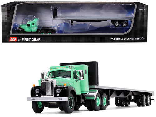 Mack B-61 with Sleeper Cab and 48' Flatbed Trailer Antique Green 1/64 Diecast Model by DCP/First Gear