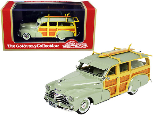 1948 Chevrolet Fleetmaster Woodie Station Wagon with Surfboard Satin Green Limited Edition to 325 pieces Worldwide 1/43 Model Car by Goldvarg Collection