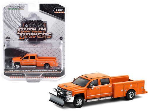 2018 Chevrolet Silverado 3500HD Dually Service Bed Truck with Snow Plow Tangier Orange "Dually Drivers" Series 6 1/64 Diecast Model Car by Greenlight 2018 Chevrolet Silverado 3500HD Dually Service Bed Truck with Snow Plow Tangier Orange "Dually Drivers" Series 6 1/64 Diecast Model Car by Greenlight