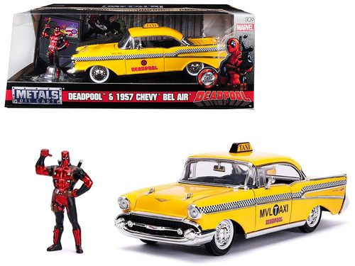 1957 Chevrolet Bel Air Taxi Yellow with Deadpool Diecast Figurine "Marvel" Series 1/24 Diecast Model Car by Jada