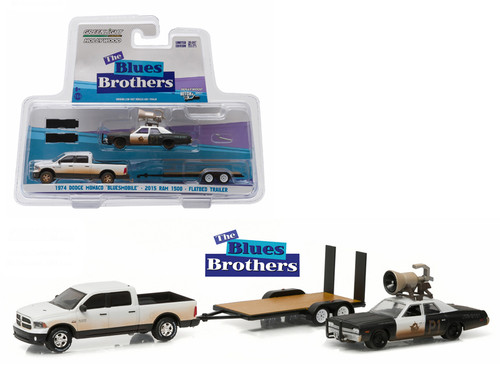 2015 RAM 1500 Pickup Truck and 1974 Dodge Monaco "Bluesmobile" on Flatbed Trailer "Blues Brothers" Movie (1980) 1/64 Diecast Model Cars by Greenlight