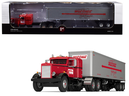 Peterbilt 351 36" Sleeper Cab with 40' Vintage Trailer "West Coast Fast Freight" Red and Gray 24th in a "Fallen Flags Series" 1/64 Diecast Model by First Gear