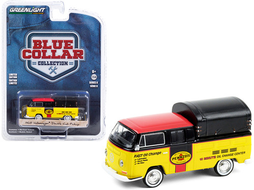 1968 Volkswagen Doka Double Cab Pickup Truck with Canopy "Pennzoil Oil" Yellow and Black with Red Top "Blue Collar Collection" Series 8 1/64 Diecast Model Car by Greenlight