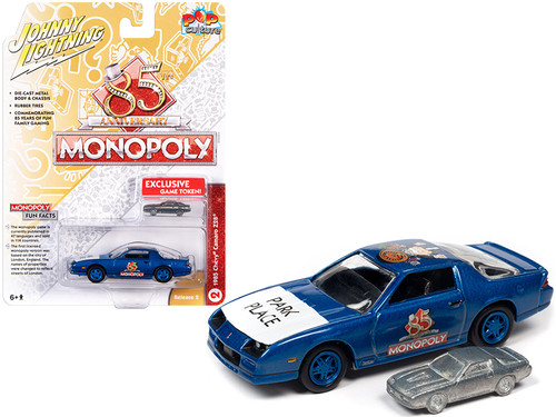 1985 Chevrolet Camaro Z28 Stratto Blue Metallic "Park Place" with Game Token "Monopoly 85th Anniversary" "Pop Culture" Series 1/64 Diecast Model Car by Johnny Lightning