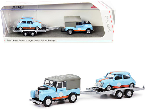 Land Rover 88 with Mini Cooper and Car Hauler Trailer Light Blue