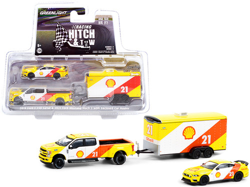 2019 Ford F-350 Lariat Pickup Truck #21 and 2021 Ford Mustang Mach 1 #21 with Enclosed Car Hauler Yellow and White with Red Stripes "Shell Oil" "Racing Hitch & Tow" Series 3 1/64 Diecast Model Cars by Greenlight