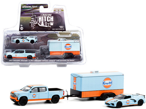 2021 Chevrolet Silverado 4x4 Pickup Truck and 2021 Chevrolet Corvette C8 Stingray with Enclosed Car Hauler Light Blue and Orange "Gulf Oil" "Racing Hitch & Tow" Series 3 1/64 Diecast Model Cars by Greenlight