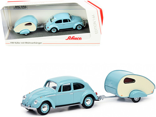 Volkswagen Kafer Light Blue with ES-Piccolo Travel Trailer Light Blue and Cream 1/64 Diecast Model Car by Schuco