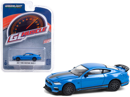 2021 Ford Mustang Mach 1 Velocity Blue Metallic with Black Stripes "Greenlight Muscle" Series 24 1/64 Diecast Model Car by Greenlight