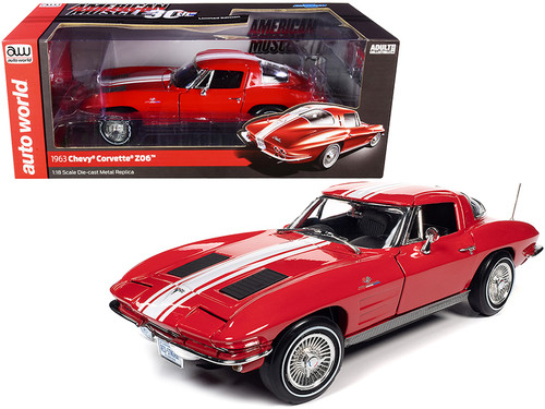 1/18 Auto World 1963 Chevrolet Corvette Stingray Z06 Riverside Red with White Stripes "American Muscle 30th Anniversary" Diecast Car Model