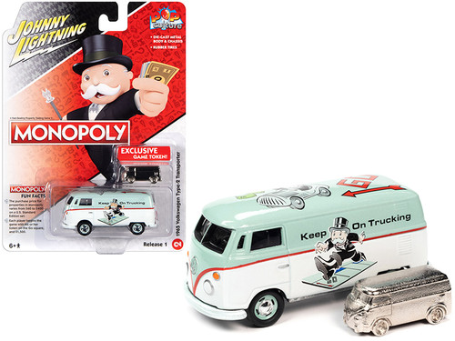 1965 Volkswagen Type 2 Transporter Light Green and White with Game Token "Monopoly" "Pop Culture" Series 1/64 Diecast Model Car by Johnny Lightning