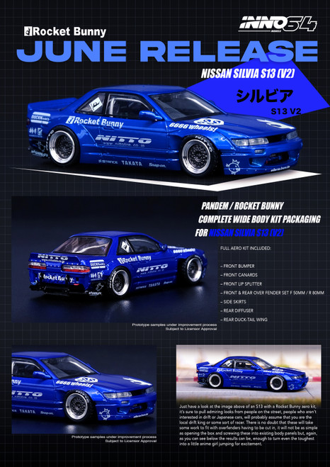 1/64 INNO64 Nissan Silvia S13 (V12) Pandem Rocket Bunny (Blue) Diecast Car Model