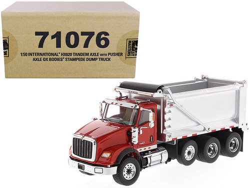 International HX620 Tandem Axle with Pusher Axle OX Stampede Dump Truck Red and Chrome "Transport Series" 1/50 Diecast Model by Diecast Masters